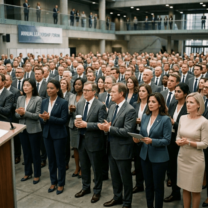 Large group of business professionals in suits and ties gathered indoors applauding